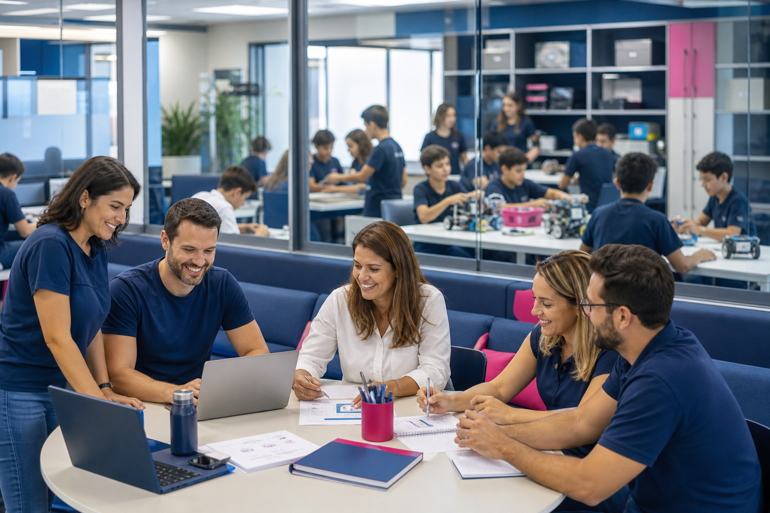 Gestores e equipe escolar em ambiente moderno de aprendizagem e crescimento